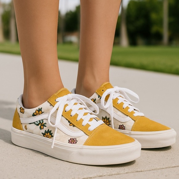 Vans Shoes - Vans Old Skool Embroidered Flowers US 6.5 Yellow Suede Skate Shoes Sneakers